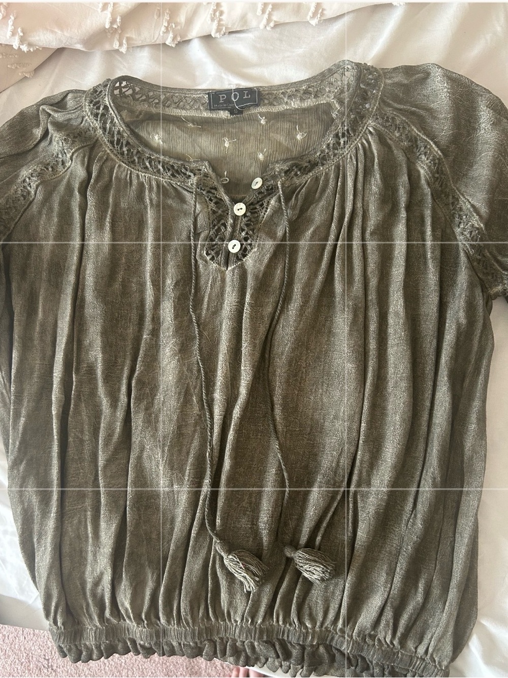 POL Olive Peasant Top with Crochet Yoke NWOT